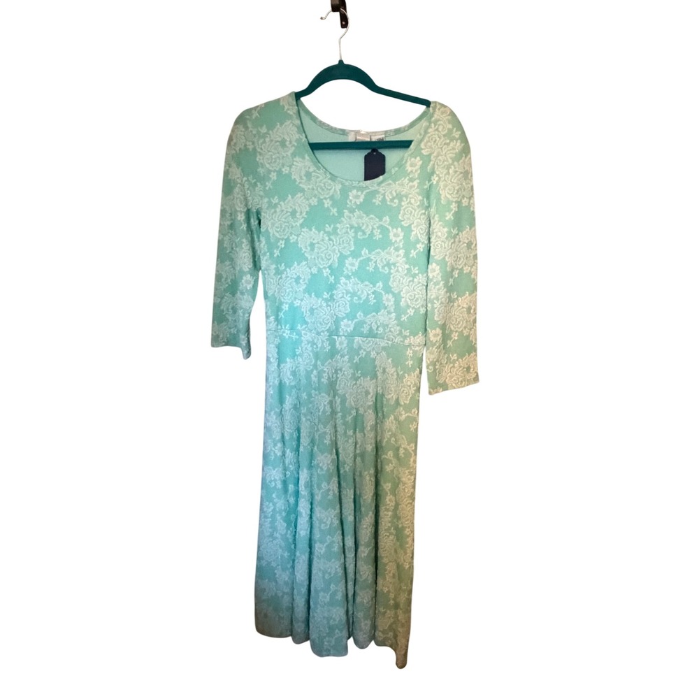 Jody California Mint Green Floral Lace Knit Midi Dress 3/4 Sleeve Large USA Made